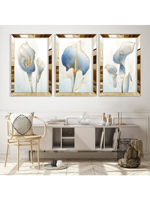 Zevahir Mobilya Dekorasyon Çiçek Soyut Desen Gümüş Pleksi Kenar 3'lü Mdf Tablo