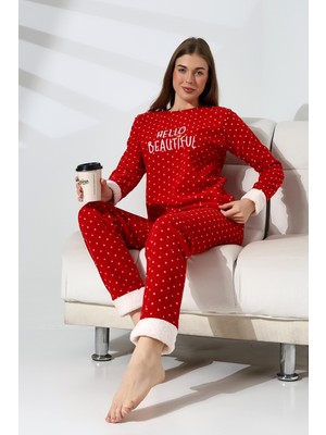 Hello Beautiful Nakış Detaylı Raporlu Polar Kadın Pijama Takımı VG078