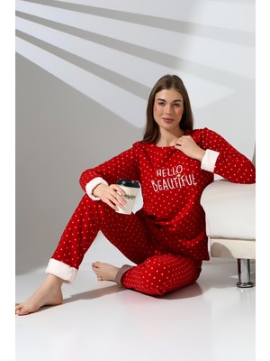 Hello Beautiful Nakış Detaylı Raporlu Polar Kadın Pijama Takımı VG078