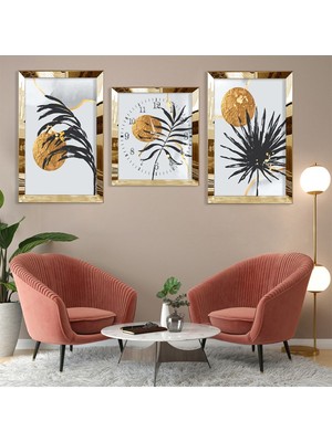 Zevahir Mobilya Dekorasyon Bitki Soyut Desen Gümüş Pleksi Kenar 3'lü Mdf Tablo ve Saat Kombin