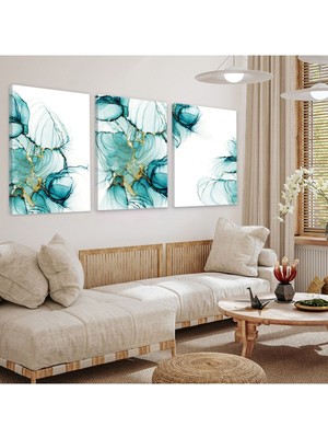 Mavi Çiçek Kolaj 3'lü Kanvas Tablo