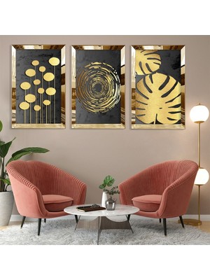 Soyut Desen Yaprak Gold Pleksi Kenar 3'lü Mdf Tablo