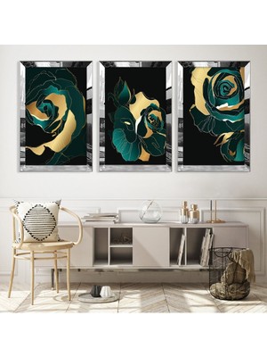 Zevahir Mobilya Dekorasyon Soyut Desen Gül Gold Pleksi Kenar 3'lü Mdf Tablo