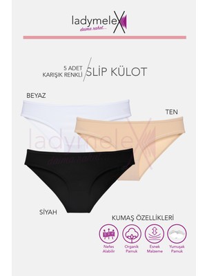 LadyMelex Kadın Külot, 5 Adet, Siyah - Beyaz - Ten Klasik Slip Külot, %100 Yumuşak Kumaş