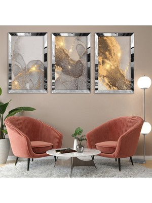 Zevahir Mobilya Dekorasyon Soyut Desen Gold Pleksi Kenar 3'lü Mdf Tablo ve Saat Kombin