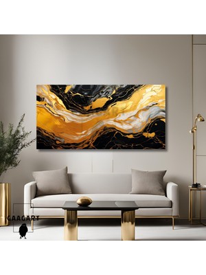 Gaagart Panoramik Kanvas Duvar Tablosu Soyut Siyah Gold  Mermer Deseni