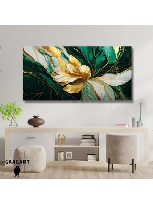 Gaagart Panoramik Kanvas Duvar Tablosu Soyut Yeşil Gold Mermer Deseni