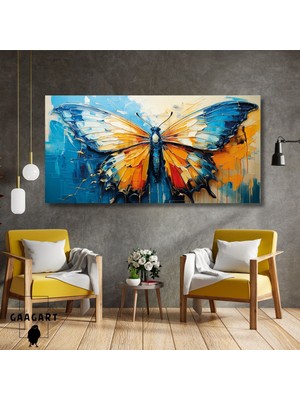 Gaagart Panoramik Kanvas Duvar Tablosu Yağlı Boya Görünümlü Mavi Sarı Kelebek