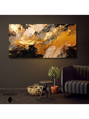 Gaagart Panoramik Kanvas Duvar Tablosu Soyut Yağlı Boya Görünümlü Gold Siyah Desen