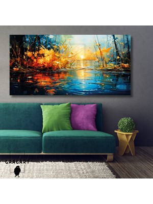 Gaagart Panoramik Kanvas Tablo Renkli Göl Manzarası 100 x 50 cm Yağlı Boya Görünümlü