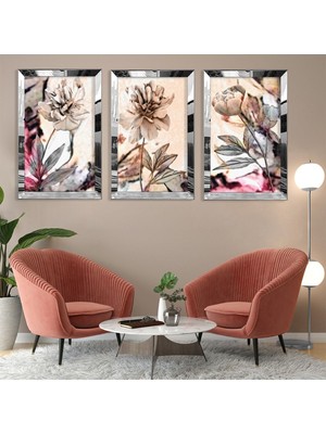Soyut Desen Çiçek Gold Pleksi Kenar 3'lü Mdf Tablo