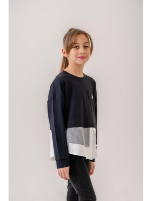 Trend Baby Kids Kız Çocuk Lacivert Bluz Sweat Yaka Gömlek Etek Detaylı