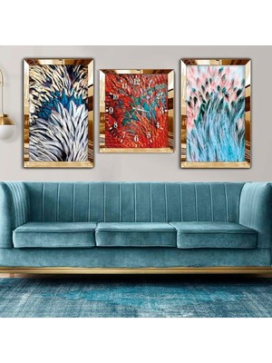 Zevahir Mobilya Dekorasyon Gold Pleksi Kenar 3'lü Mdf Tablo Saat Seti