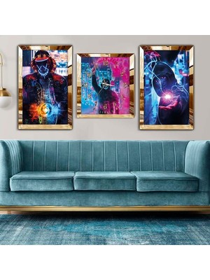 Zevahir Mobilya Dekorasyon Gümüş Pleksi Kenar 3'lü Mdf Tablo Saat Seti