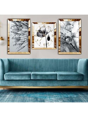 Zevahir Mobilya Dekorasyon Gümüş Pleksi Kenar 3'lü Mdf Tablo Saat Seti
