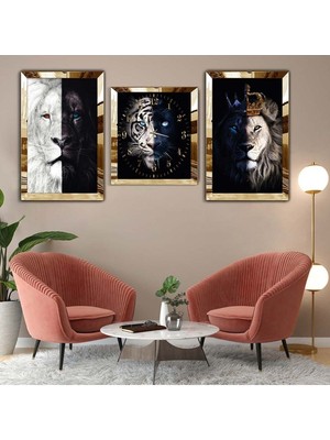 Zevahir Mobilya Dekorasyon Gold Pleksi Kenar 3'lü Mdf Tablo Saat Seti