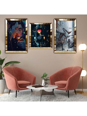 Zevahir Mobilya Dekorasyon Gold Pleksi Kenar 3'lü Mdf Tablo Saat Seti