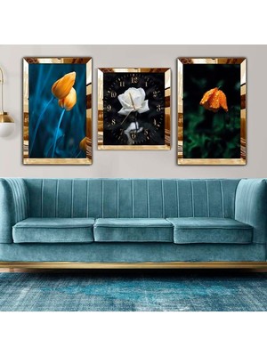 Zevahir Mobilya Dekorasyon Gümüş Pleksi Kenar 3'lü Mdf Tablo Saat Seti