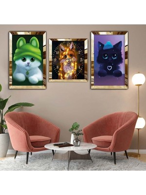 Zevahir Mobilya Dekorasyon Gold Pleksi Kenar 3'lü Mdf Tablo Saat Seti