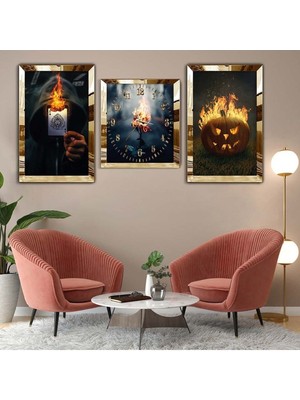 Zevahir Mobilya Dekorasyon Gold Pleksi Kenar 3'lü Mdf Tablo Saat Seti