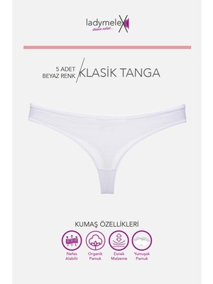 LadyMelex Tanga, Kadın Tanga, 5 Adet Beyaz Tanga String Külot, %100 Yumuşak Kumaş