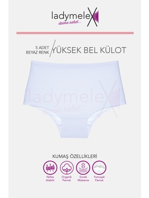 LadyMelex Külot, Yüksek Bel külot, 5 Adet Beyaz Yüksek Bel Külot, %100 Yumuşak Kumaş