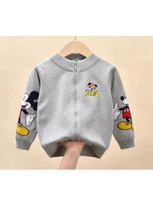 Kids Face Özel Tasarım Kolej Yaka Tam Fermuarlı Paris Mickey Baskılı Şardonlu Kışlık Erkek Çocuk Sweatshırt