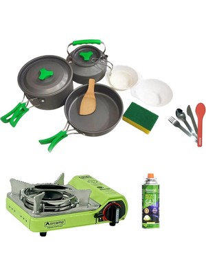 Orcamp Tekli Portatif Ocak Yeşil+1 Adet Kartuş KTS-227+3 Parça Tencere Seti+Çatal-Kaşık-Bıçak Kırmızı ORC-015-D3
