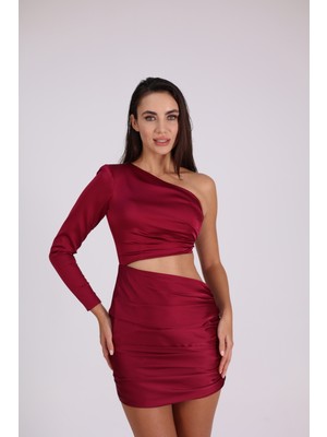 White House Moda Evi Velvet Cherry - Vişne Rengi Drapeli Elbise