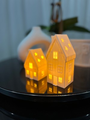 Kstech 2'li Set Kış Evi, Noel Evi, Yılbaşı Evi Temalı Dekoratif Süs ve Obje, Tealight LED Mumlar Dahil