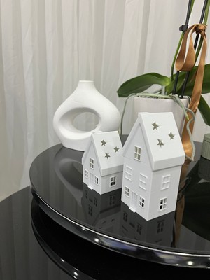 Kstech 2'li Set Kış Evi, Noel Evi, Yılbaşı Evi Temalı Dekoratif Süs ve Obje, Tealight LED Mumlar Dahil