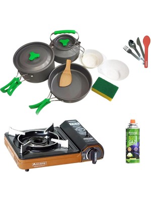 Orcamp Tekli Portatif Ocak Turuncu+1 Adet Kartuş KTS-227+3 Parça Tencere Seti+Çatal-Kaşık-Bıçak Kırmızı ORC-012-D3