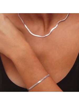 Diğer Gümüş Renk Bileklik Kolye Takım Set İtalyan Ezme Çelik Zincir Kolye Bileklik İkili Set Unisex Ürün