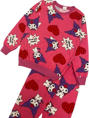 Kız Çocuk Iki Iplik Şardonlu Pembe Kuromi Desenli Uzun Kollu Pijama Takımı