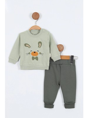 Tavşan Desenli Pamuklu Uzun Kollu Sweatshirt Erkek Bebek Alt Ust Takım Erkek Bebek Ikili Takım 2 Li