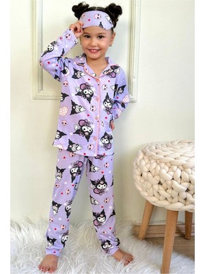 Pjkö Kuromi Desenli Lila Uzun Kollu Önden Düğmeli Kız Çocuk Pijama Takımı 4-12 Yaş 501U-L