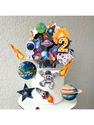 Cake Topper Uzay Astronot Temalı Erkek Çocuk Doğum Günü Isme Özel 3D Pasta Parti Süsü Seti