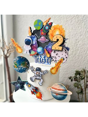 Cake Topper Uzay Astronot Temalı Erkek Çocuk Doğum Günü Isme Özel 3D Pasta Parti Süsü Seti