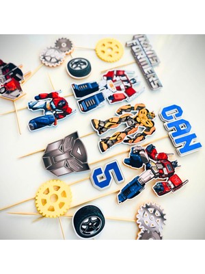 Cake Topper Transformers Karakterleri Temalı Erkek Çocuk Doğum Günü Isme Özel 3D Pasta Parti Süsü Seti