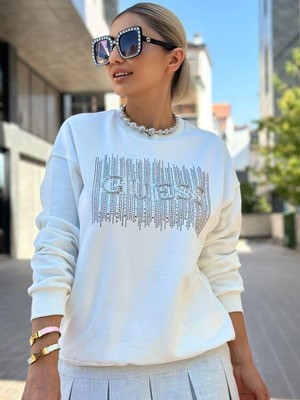 5510 Taşlı Sweat Beyaz