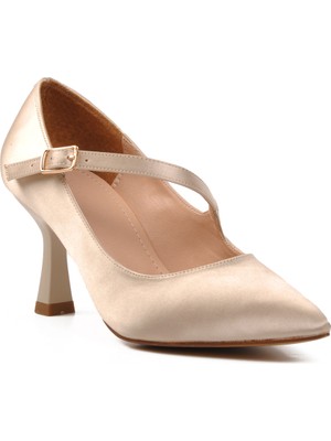 Ayakmod  Bej Saten Kadın Topuklu Ayakkabı