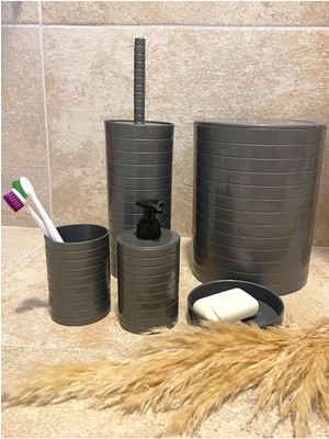 Tekno Trust Banyo Seti - 5'li Gri Çöp Kovası Wc Fırçalık Sıvı Sabunluk Katı Sabunluk