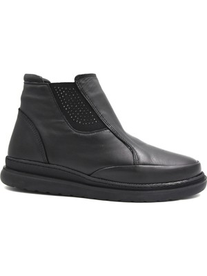 Beyaz (Clavi) Termo Kaymaz Taban  Deri Fermuarlı Gülük Kadın Bot Siyah