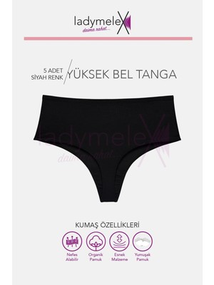 Ladymelex Kadın Tanga, 5'li Paket, Yüksek Bel Tanga, Siyah Tanga, %100 Rahat Kumaş