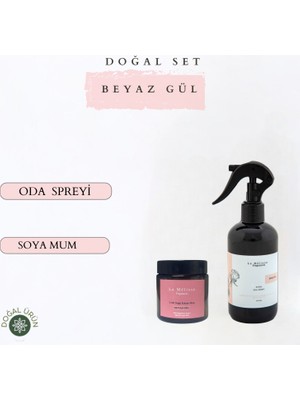 Doğal Beyaz Gül Sprey Oda ve Çamaşır, Kumaş Kokusu 250 ml ve Beyaz Gül Özlü Kokulu Soya Mum 100 ml