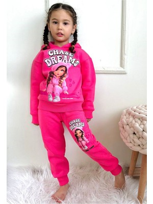 Yağmur Giyim Dreams Kız Desenli Fuşya 3 Ip Şardonlu Kapşonlu  Pamuk Kız Çocuk Eşofman Takımı 3-10 Yaş 7355-F