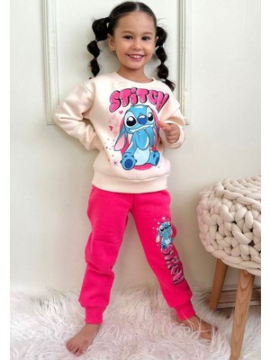 Yağmur Giyim Stitch Desenli Fuşya 3 Ip Şardonlu  Pamuk Kız Çocuk Eşofman Takımı 3-10 Yaş 7332-F