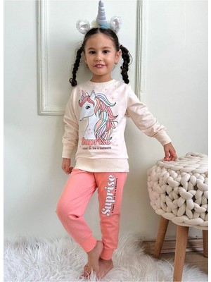 Yağmur Giyim Unicorn Desenli Somon 2 Ip  Pamuk Kız Çocuk Eşofman Takımı 3-10 Yaş 7322-S