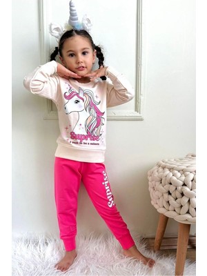 Yağmur Giyim Unicorn Desenli Fuşya 2 Ip  Pamuk Kız Çocuk Eşofman Takımı 3-10 Yaş 7322-F