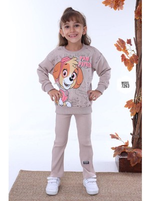 Yağmur Giyim Paw Petrol Desenli Bej Fitilli Taytlı 2 Ip  Pamuk Kız Çocuk Takımı 3-10 Yaş 7263-B